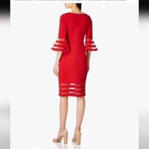 -Calvin Klein Red Cocktail Dress with 3/4 Bell Sleeves and Tiered Design